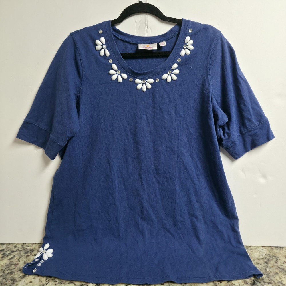 Quacker Factory Blue Knit Top L Floral Rhinestone Embellished Elbow Sleeve Scoop